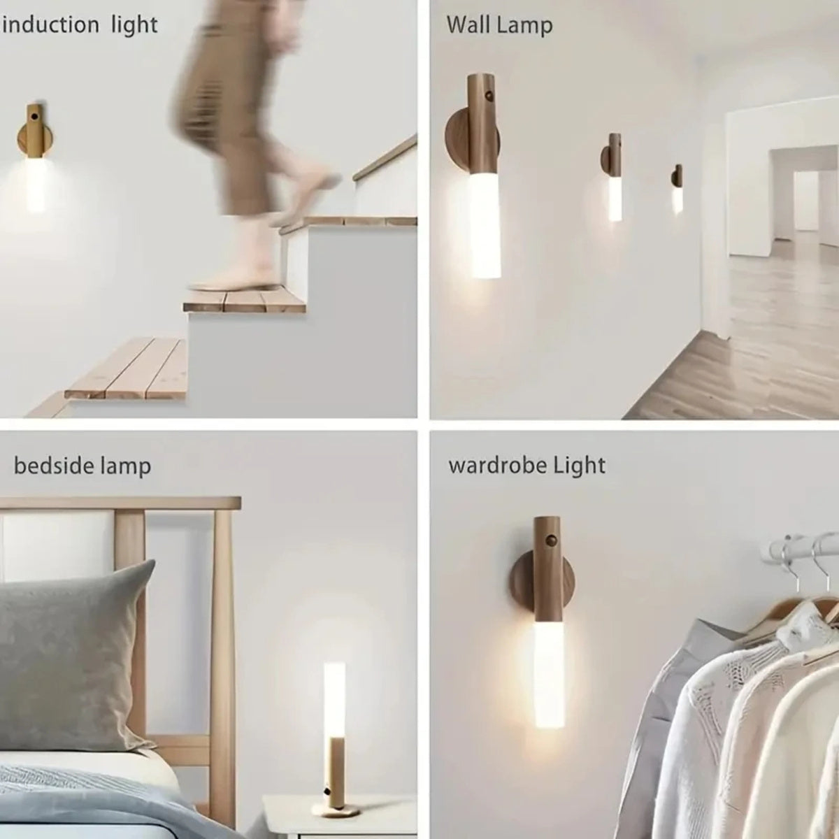 Veilleuse à détecteur de mouvement – Applique murale LED rechargeable en bois
