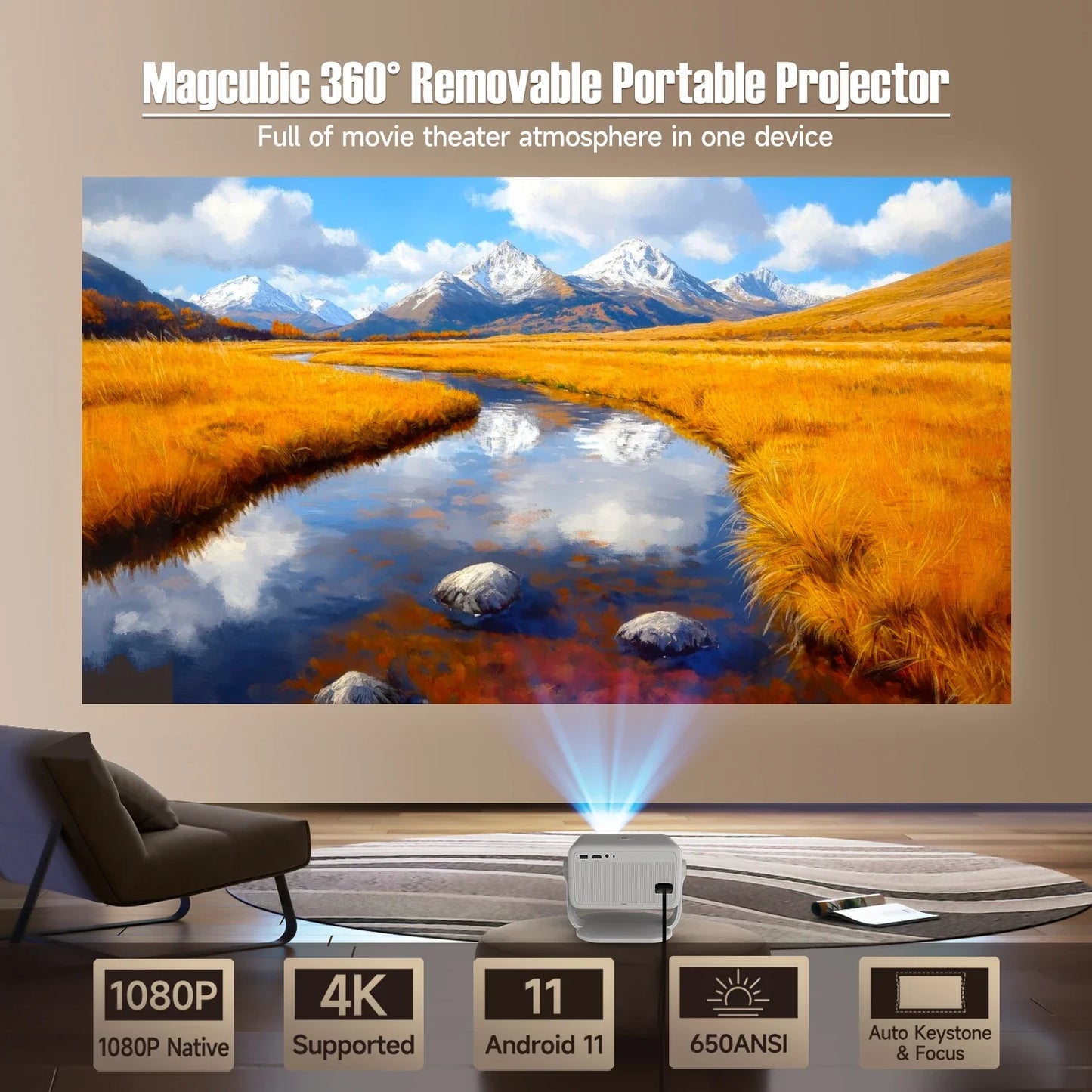 Magcubic – projecteur natif 1080P 650ANSI 4K Android11 L018, avec Correction automatique du Keystone, mise au point, Wifi6 BT5.2, film Portable pour l'extérieur