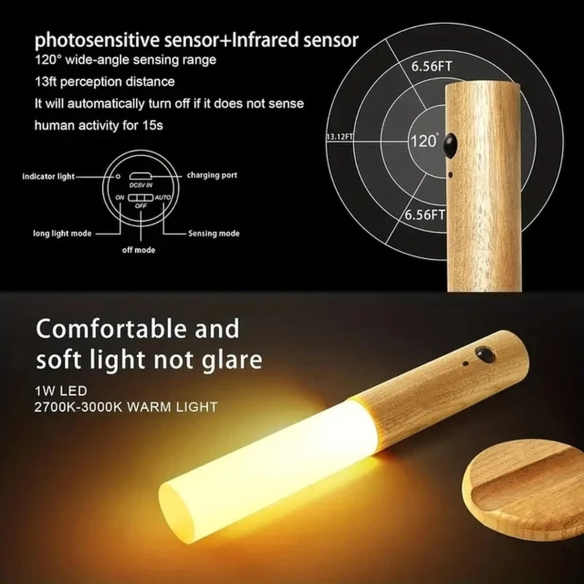 Veilleuse à détecteur de mouvement – Applique murale LED rechargeable en bois