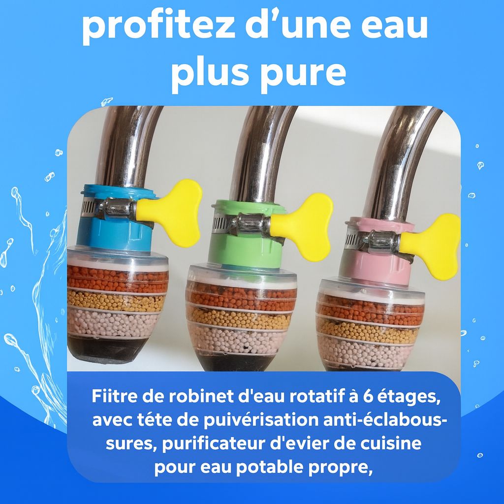 Filtre de Robinet Rotatif 6 Niveaux – Purificateur d’Eau Anti-Éclaboussures pour Cuisine
