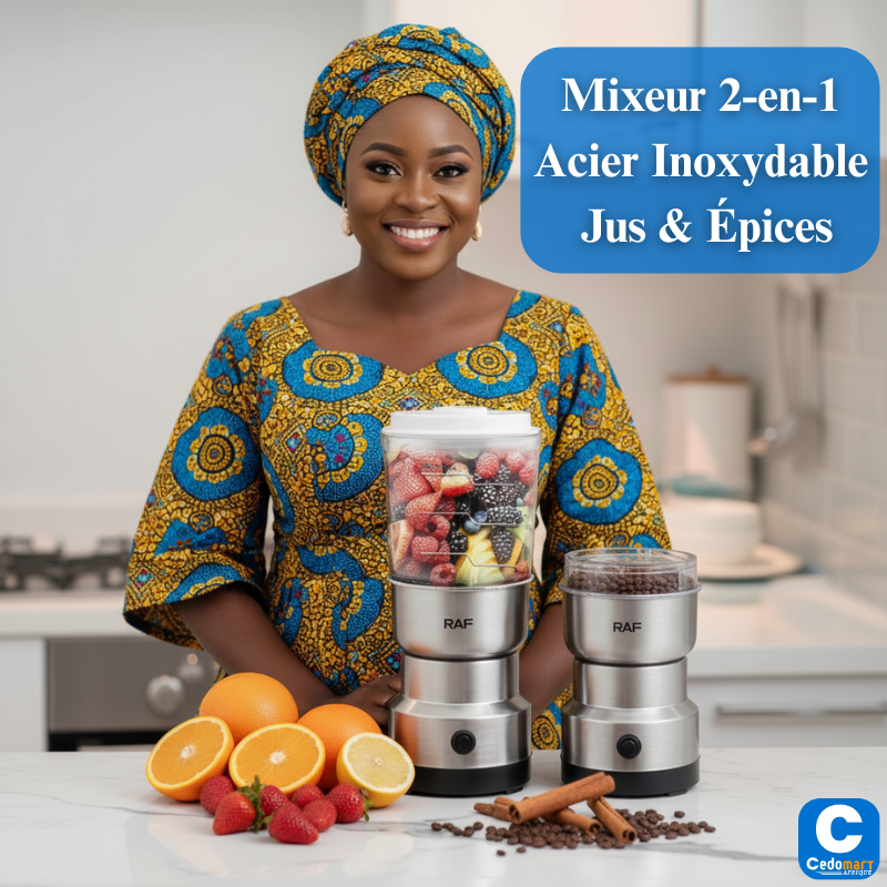Mixeur 2-en-1 Acier Inoxydable - Jus & Épices (2 Bols Inclus)