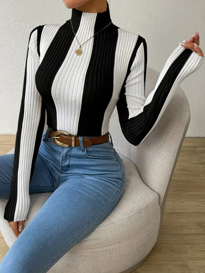 Women's Spring And Autumn Classic Black And White Contrast Color Vertical Pattern Sweater