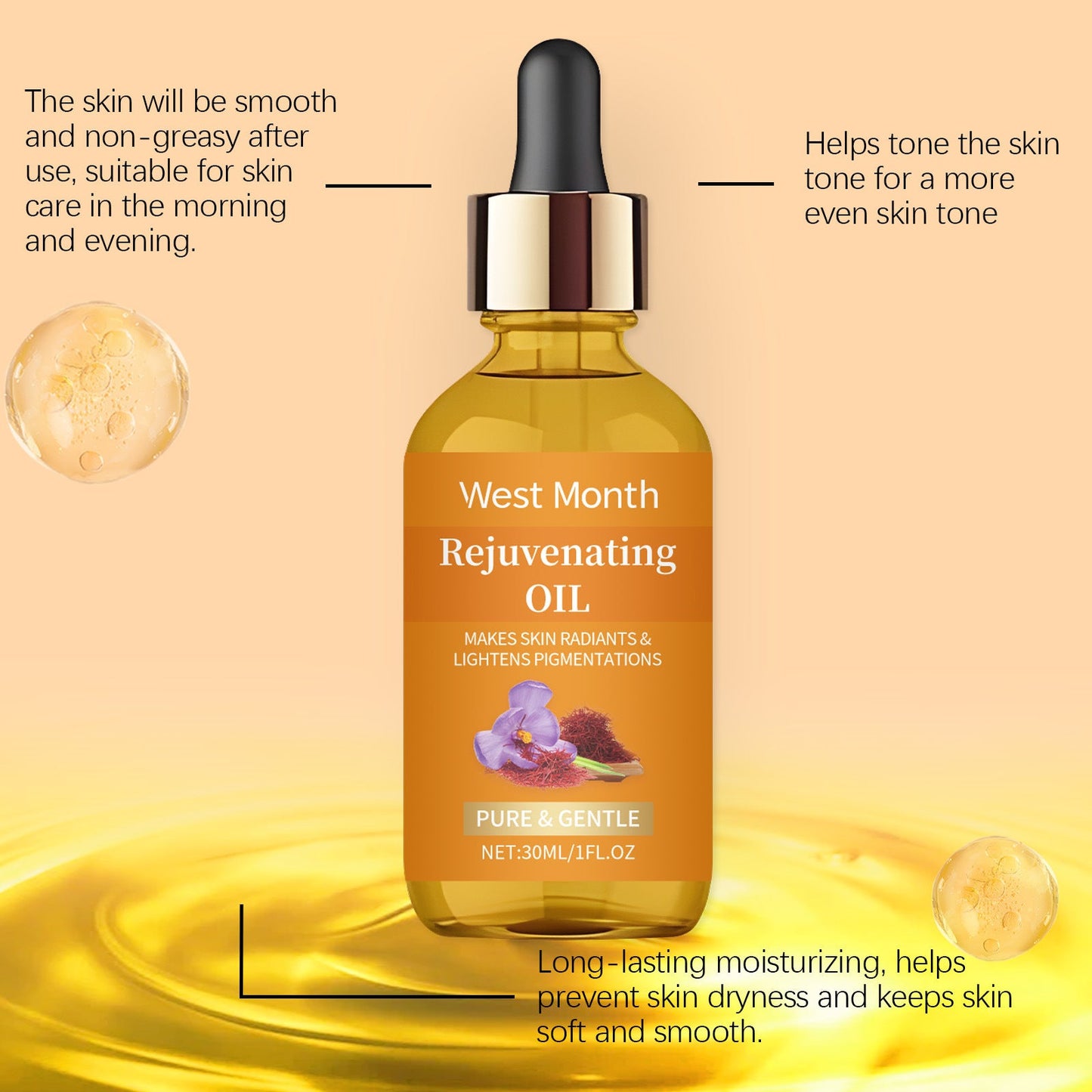 Sérum de safran Anti-rides, raffermissant, hydratant, lisse, adoucit, augmente l'élasticité de la peau, prévient la sécheresse, huile essentielle pour le visage