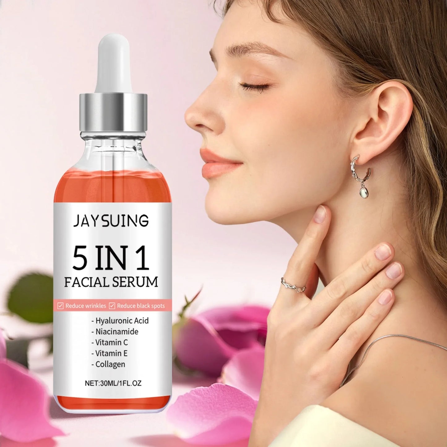 Sérum 5 en 1 pour le visage, estompe les ridules, raffermit la peau, resserre les pores, hydratant, éclaircissant, vitamine C, acide hyaluronique