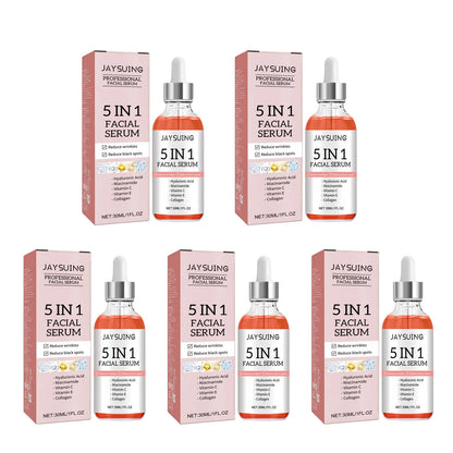 Sérum 5 en 1 pour le visage, estompe les ridules, raffermit la peau, resserre les pores, hydratant, éclaircissant, vitamine C, acide hyaluronique