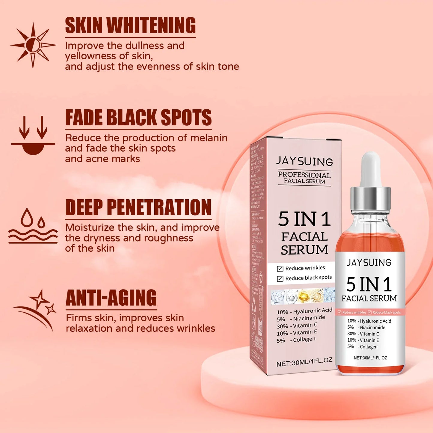 Sérum 5 en 1 pour le visage, estompe les ridules, raffermit la peau, resserre les pores, hydratant, éclaircissant, vitamine C, acide hyaluronique