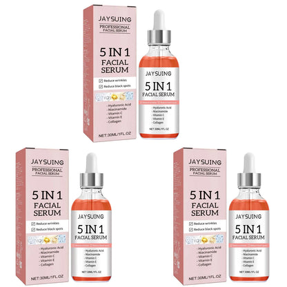 Sérum 5 en 1 pour le visage, estompe les ridules, raffermit la peau, resserre les pores, hydratant, éclaircissant, vitamine C, acide hyaluronique