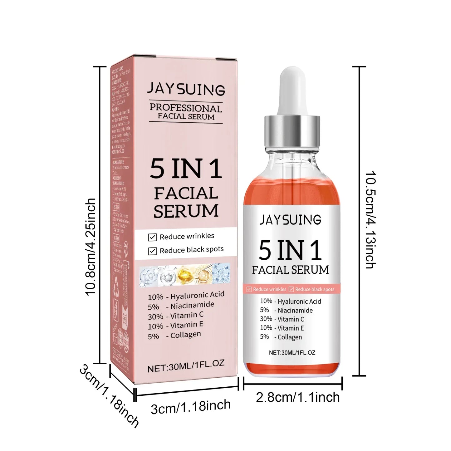 Sérum 5 en 1 pour le visage, estompe les ridules, raffermit la peau, resserre les pores, hydratant, éclaircissant, vitamine C, acide hyaluronique