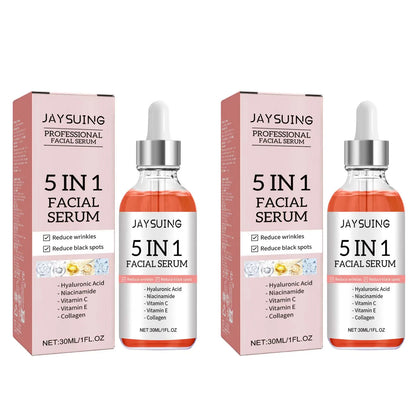 Sérum 5 en 1 pour le visage, estompe les ridules, raffermit la peau, resserre les pores, hydratant, éclaircissant, vitamine C, acide hyaluronique