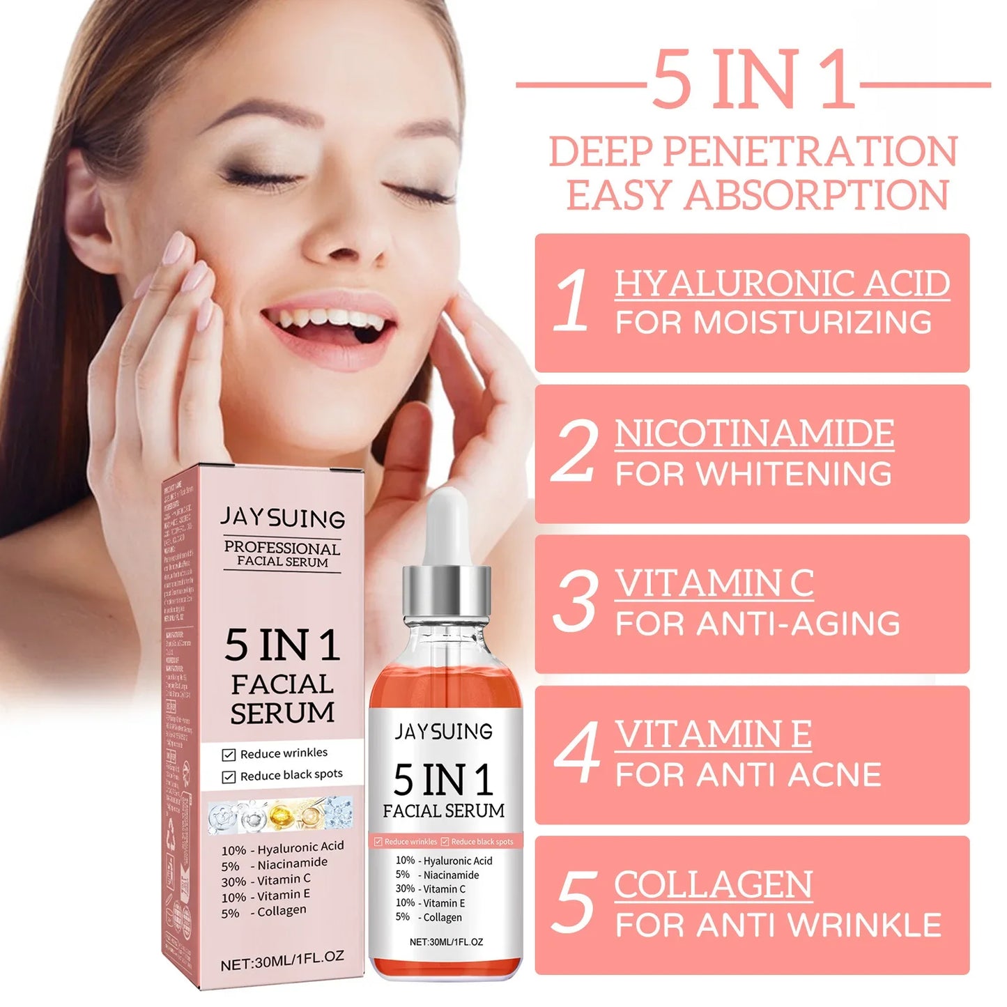 Sérum 5 en 1 pour le visage, estompe les ridules, raffermit la peau, resserre les pores, hydratant, éclaircissant, vitamine C, acide hyaluronique