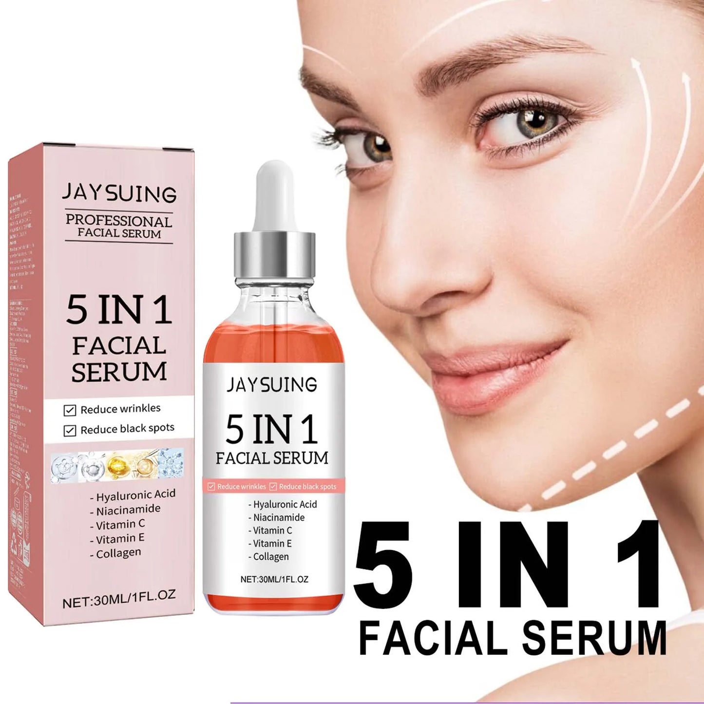 Sérum 5 en 1 pour le visage, estompe les ridules, raffermit la peau, resserre les pores, hydratant, éclaircissant, vitamine C, acide hyaluronique